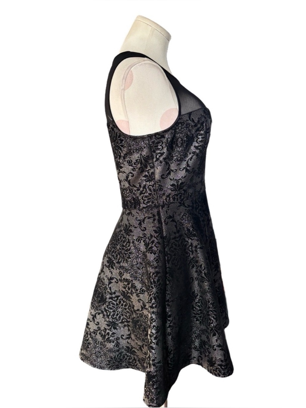 Fit & Flare Brocade Party Dress - whimsygoth- Black Silver Metallic Damask - L - Picture 4 of 10